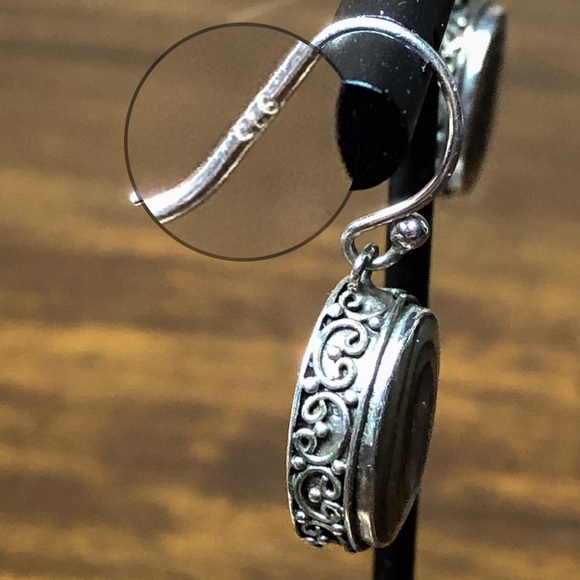 ABALONE Cabochon Sterling Silver Drop Earrings With Scrollwork Around The Bezel - Picture 7 of 10